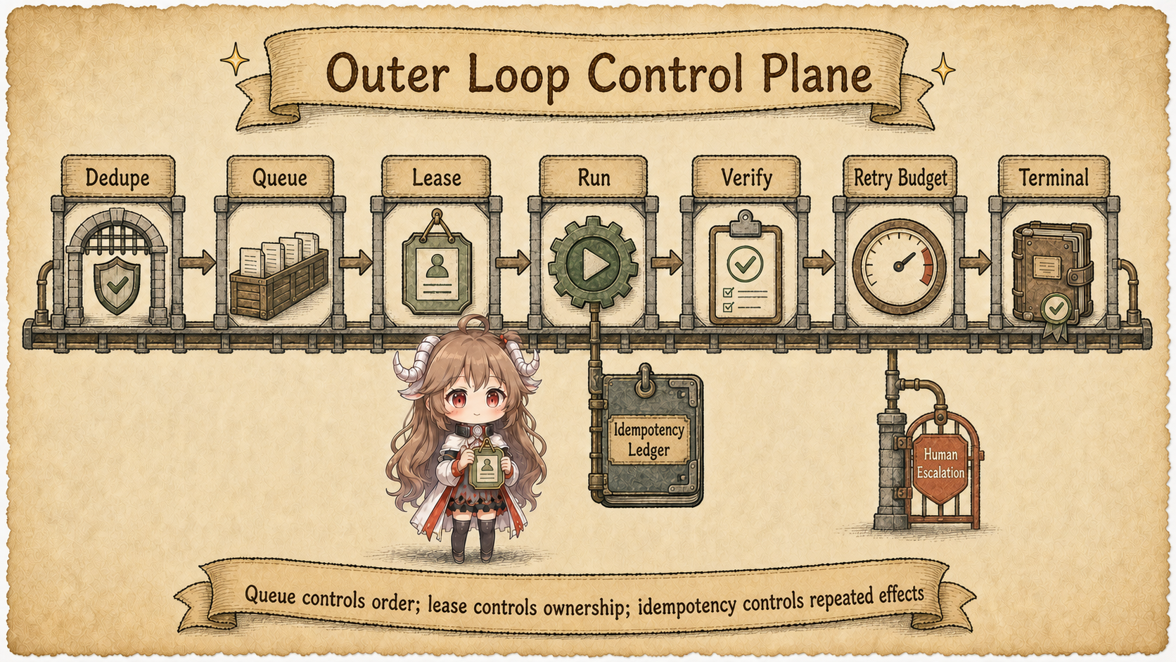 Outer-loop control plane with dedupe, queue, lease, run, verifier, retry budget, and human escalation