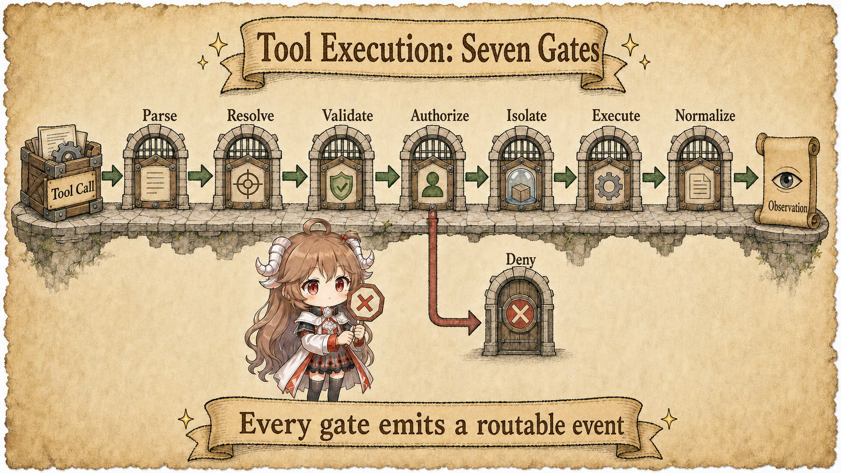 Seven tool execution gates: parse, resolve, validate, authorize, isolate, execute, and normalize
