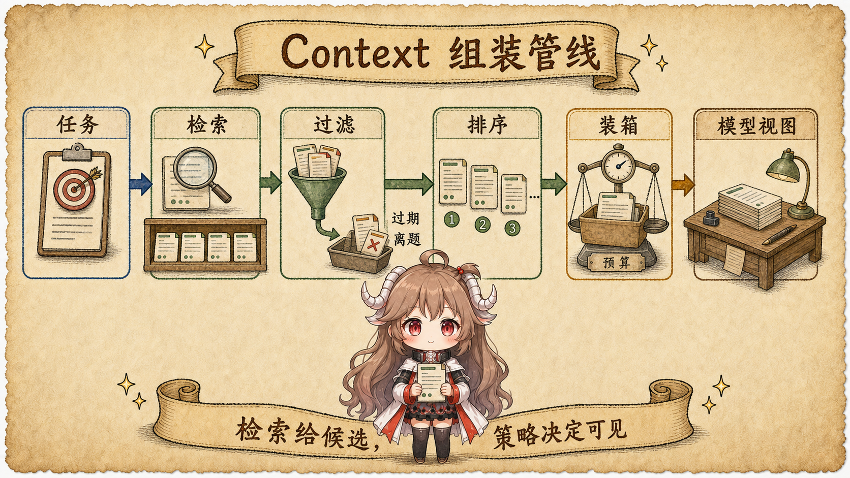 Context 装配管线,从任务、检索、过滤、排序、预算打包到模型视图
