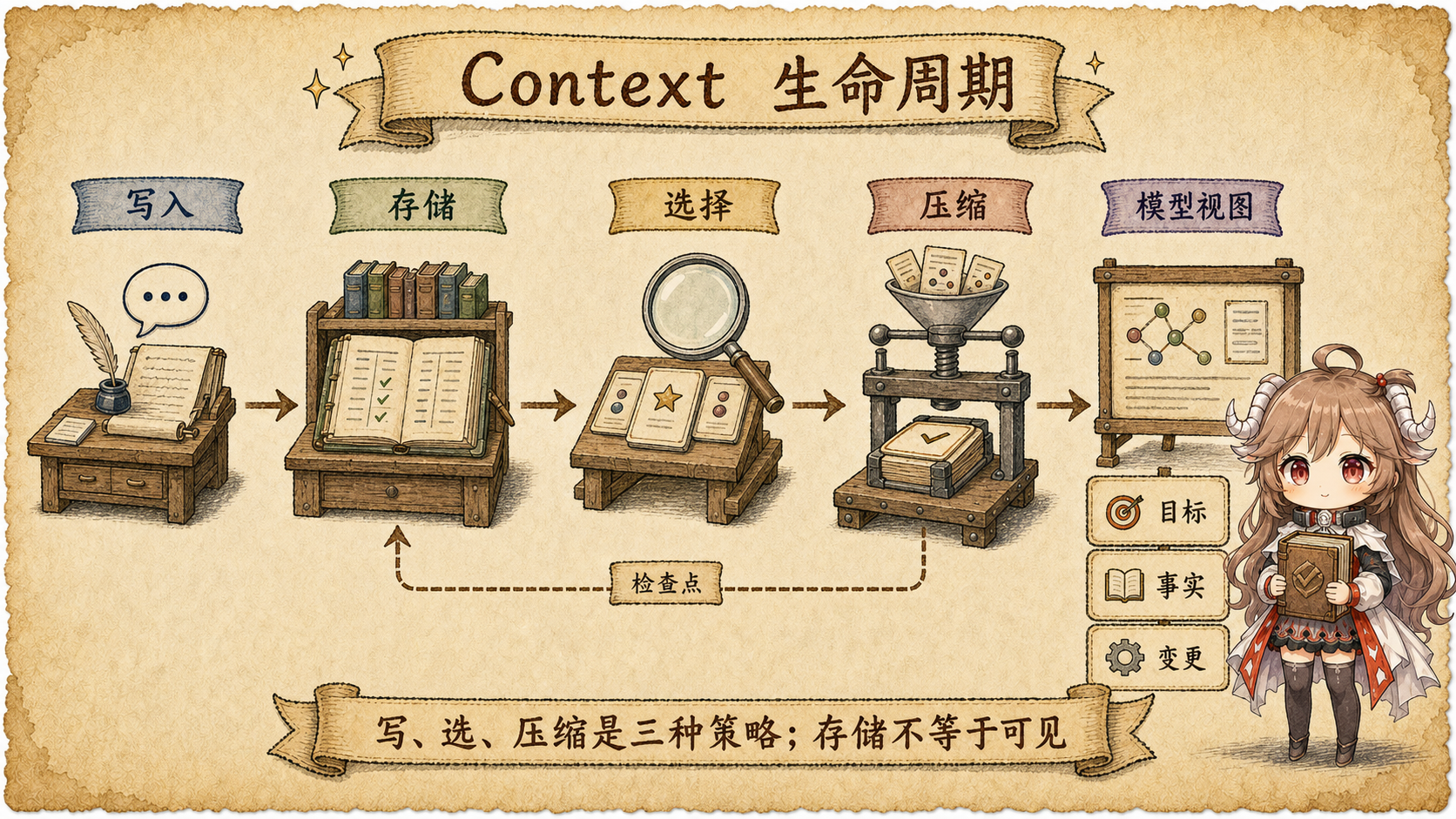 Context 生命周期图,区分写入长期存储、选择进入模型视图和压缩后的指针