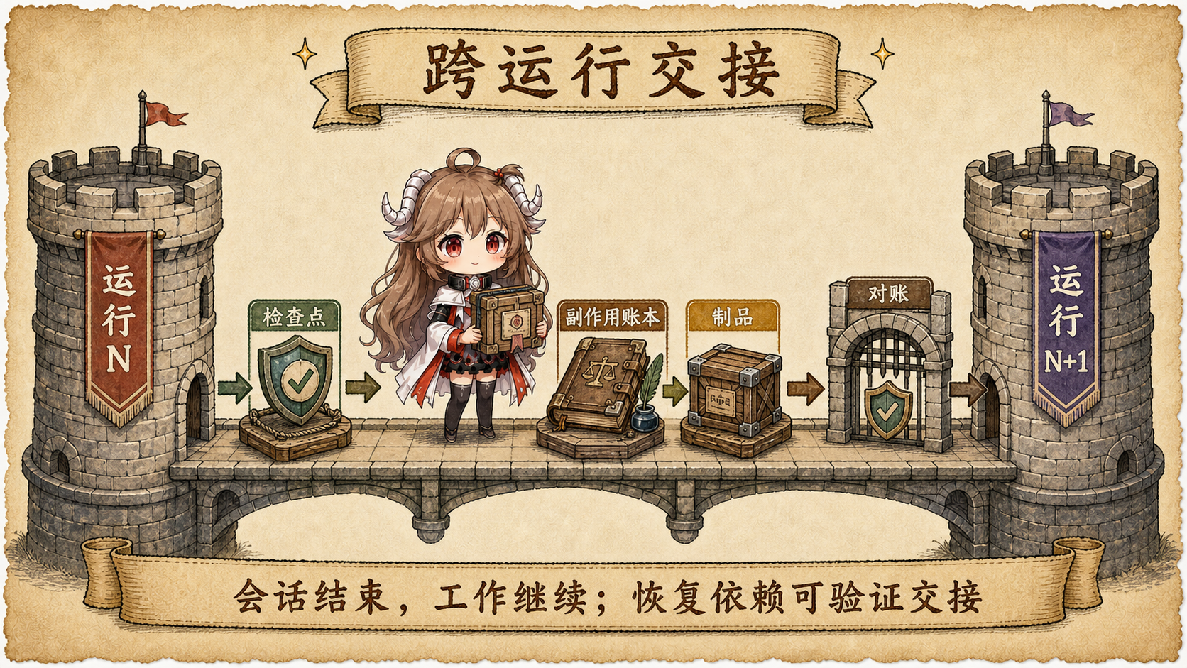 跨运行交接图,Run N 通过 checkpoint、effect ledger 和 artifacts 把状态交给 Run N+1