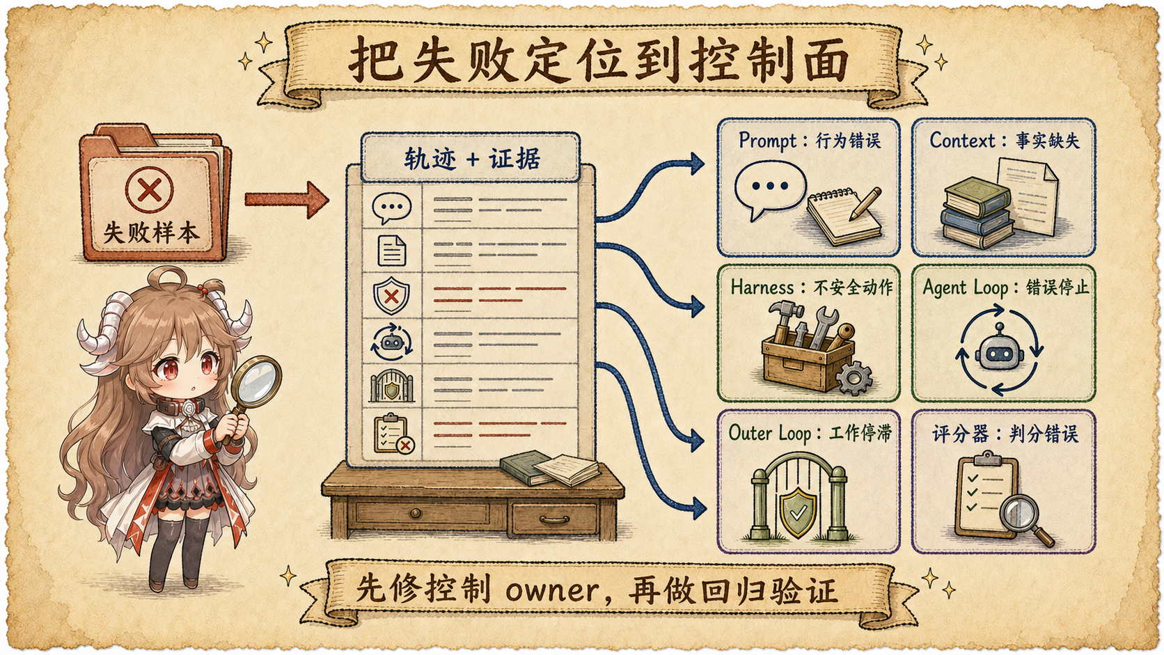 Eval 失败定位图,把失败路由到 Prompt、Context、Harness、Agent Loop、Outer Loop 与 Grader