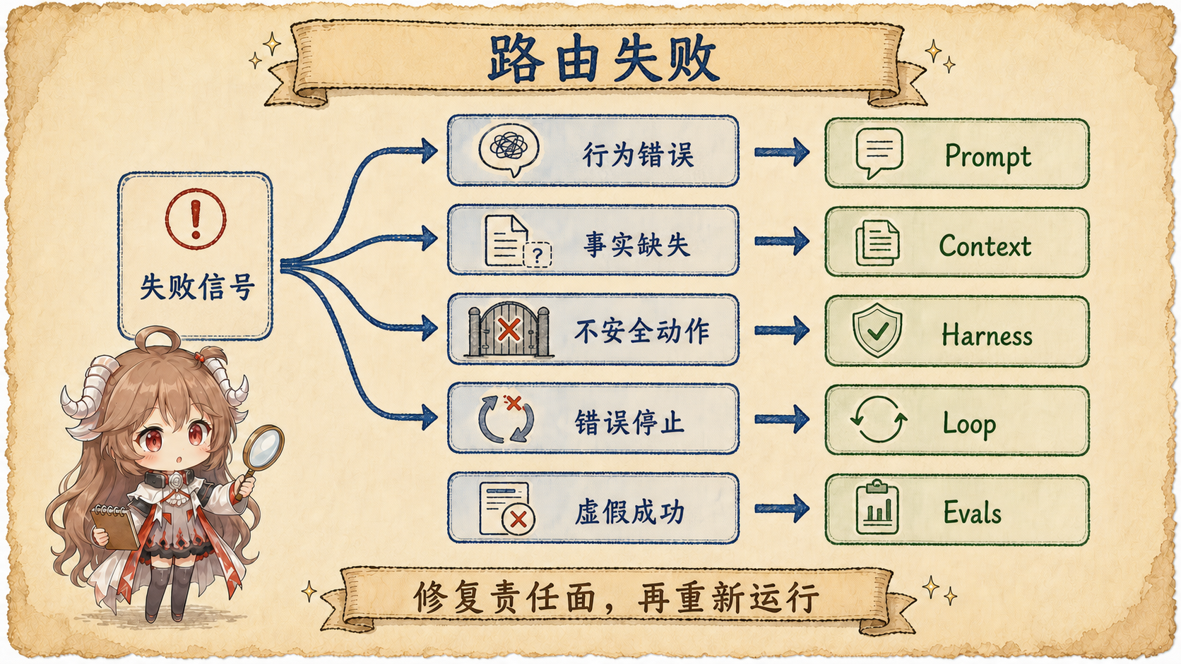 AI Engineering 失败路由图：错误行为到 Prompt，缺失事实到 Context，不安全动作到 Harness，错误停止到 Loop，虚假成功到 Evals