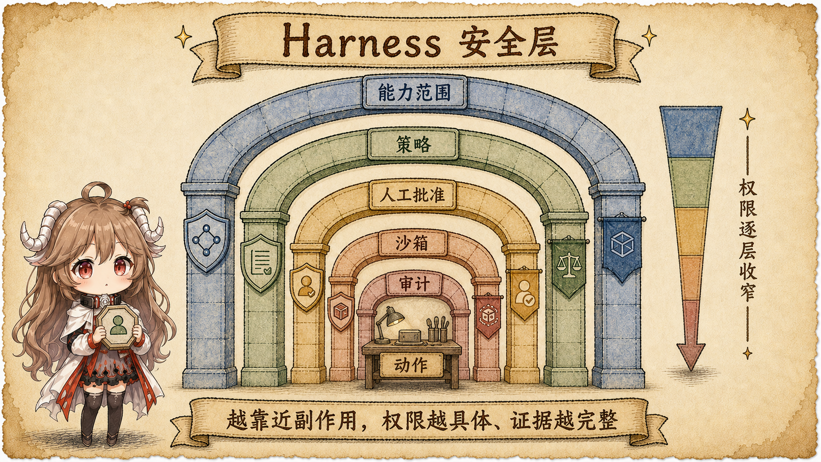 Harness 安全分层图：能力可见性、策略决策、人工审批、沙箱限制和审计证据