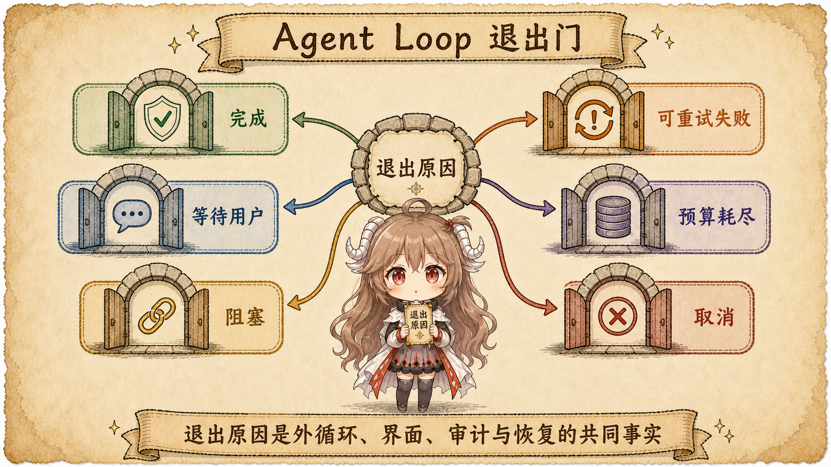 Agent loop 退出关口图,区分完成、等待、阻塞、预算、失败与取消