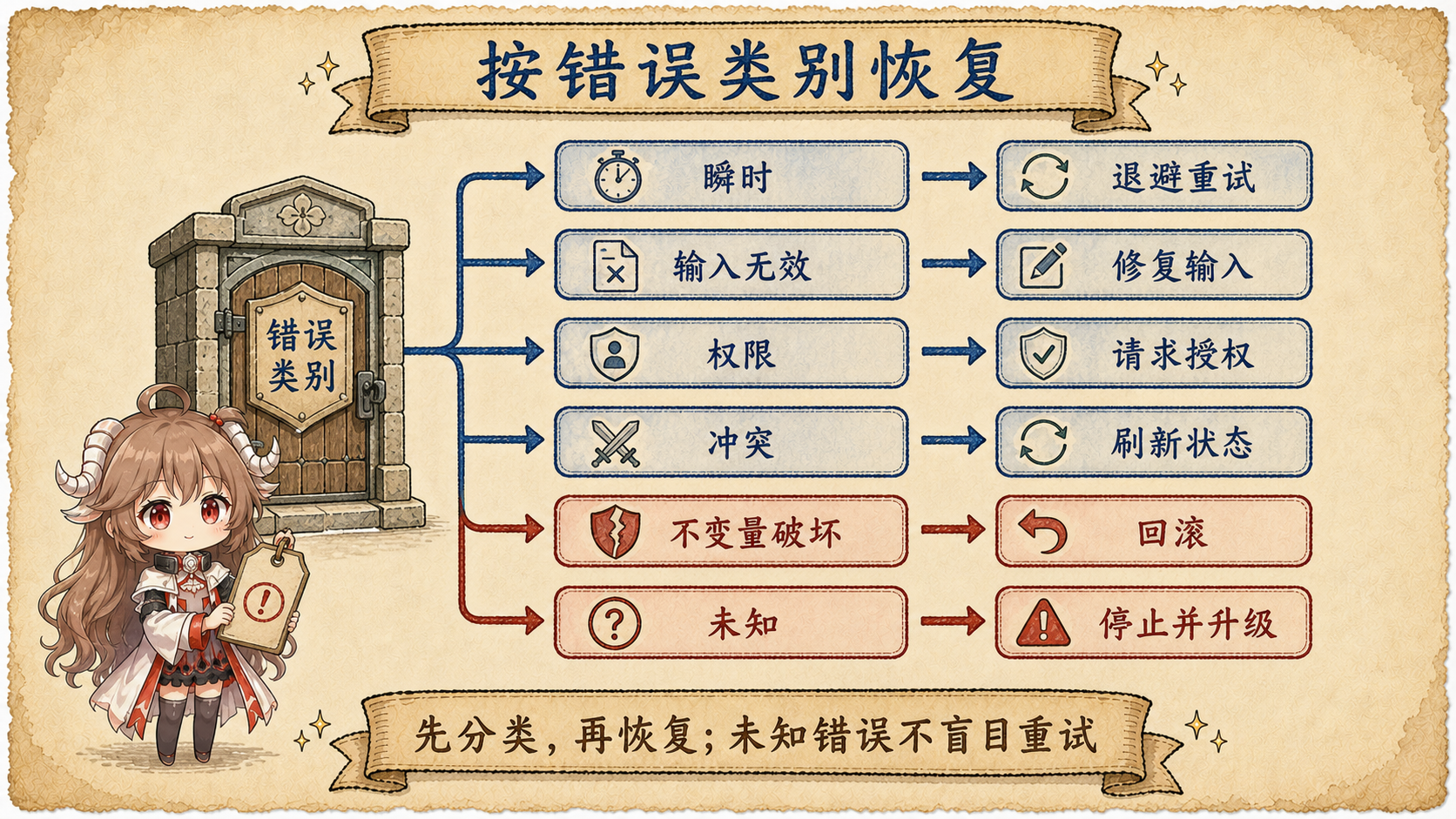 Agent loop 失败恢复图,按暂时错误、非法输入、权限、冲突和不变量失败选择不同动作