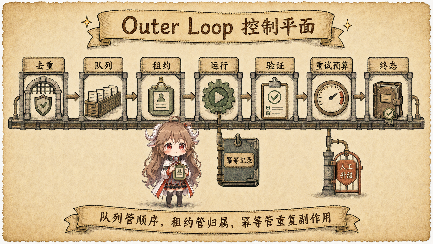 Outer loop 控制面图,展示去重、队列、租约、运行、验证、重试预算和人工升级
