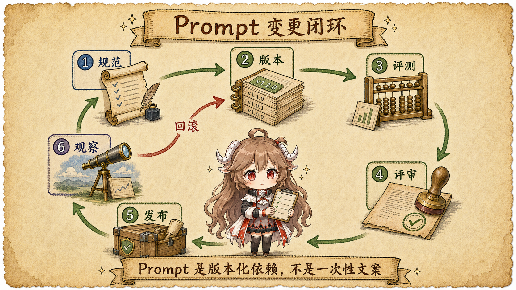 Prompt 变更发布循环,从规范、版本、评测、审查、发布到观察,并支持回滚