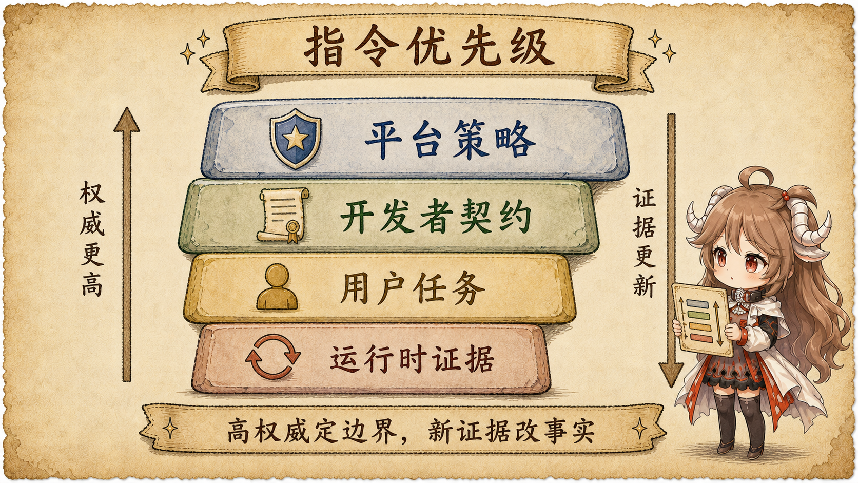 指令优先级栈,从平台政策、开发者契约、用户任务到运行时证据