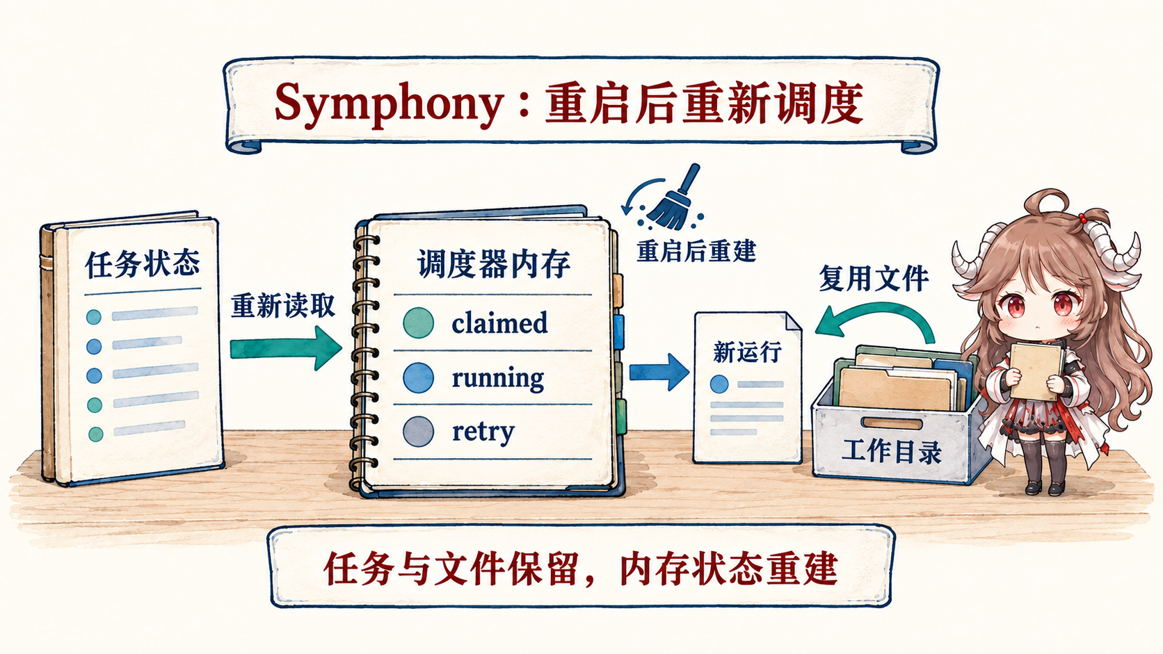 Symphony 的 claim、running 与 retry 位于调度器内存,重启后从 tracker 和保留的 workspace 重新调度