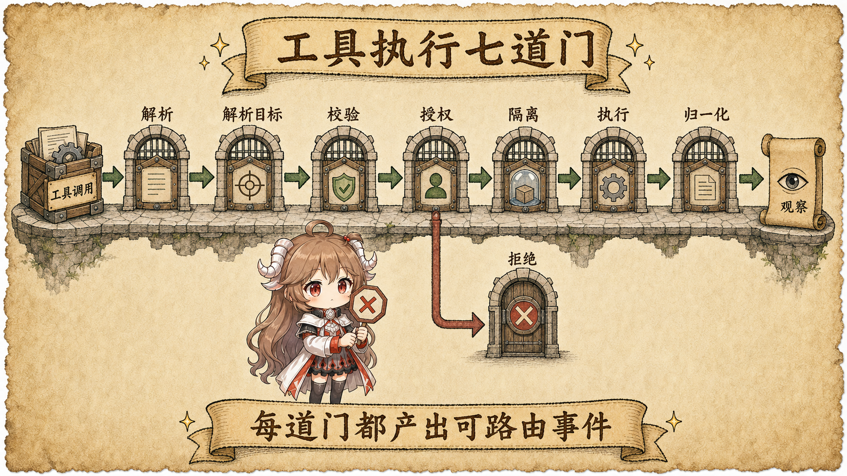 工具执行七关：解析、查找、校验、策略、沙箱、执行、结果归一化