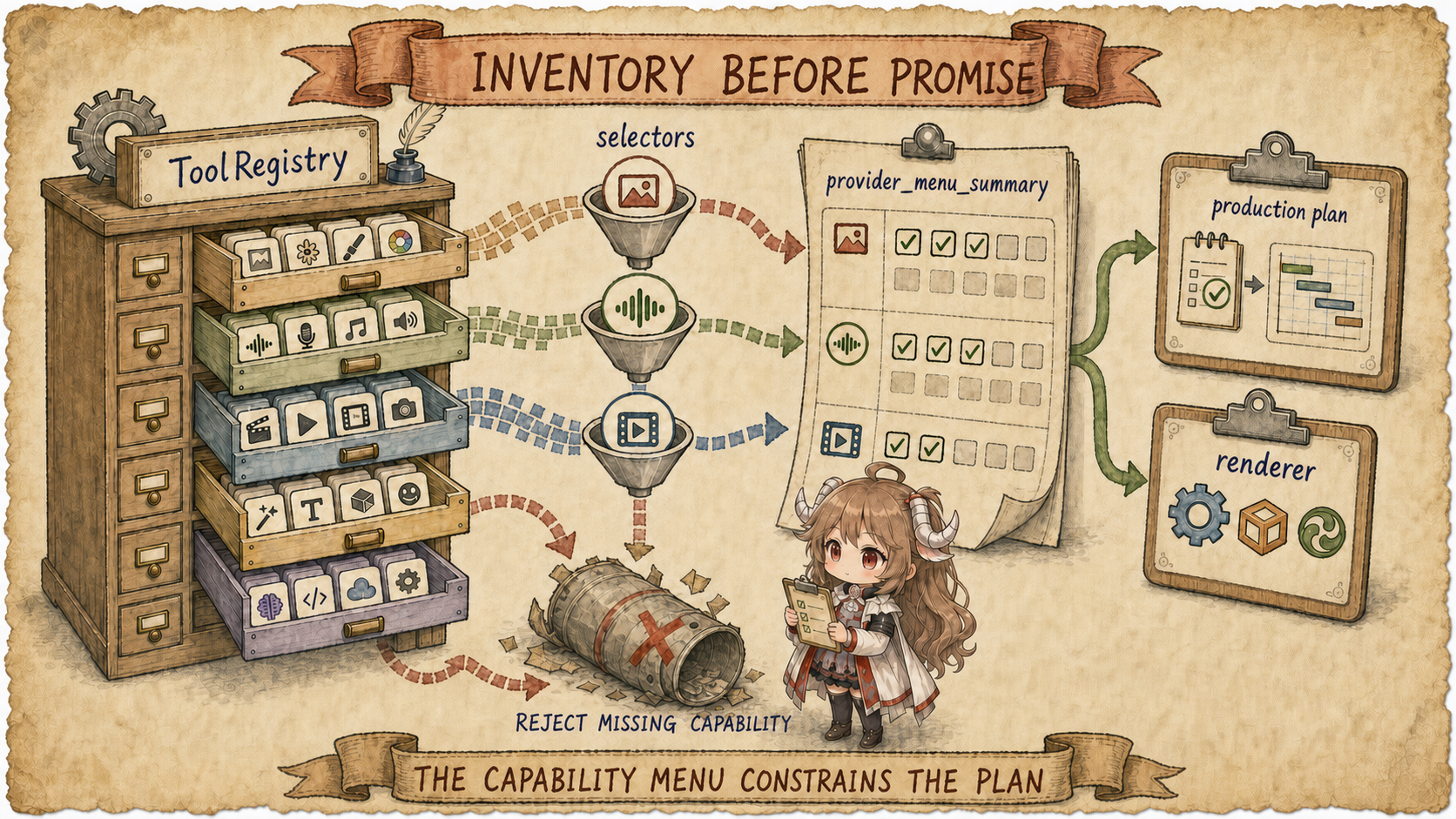 OpenMontage capability preflight where ToolRegistry discovers provider tools, selectors and provider_menu_summary build a capability menu, and that menu constrains the production plan and renderer choice