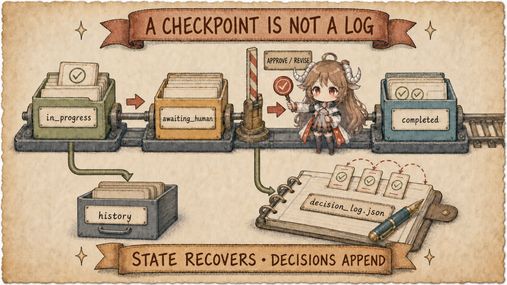 OpenMontage checkpoint and human gate flow where in_progress saves partial work, awaiting_human stops before approval, completed advances, old versions enter history, and decisions accumulate in decision_log.json