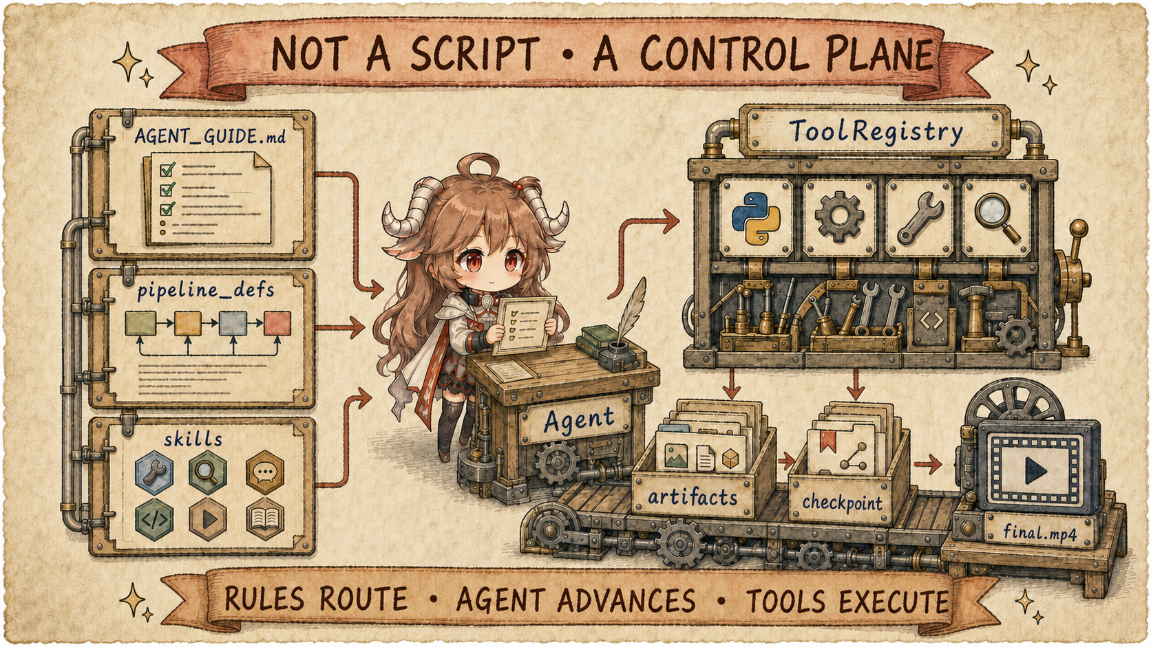 OpenMontage control plane where the coding agent reads AGENT_GUIDE, pipeline_defs, and skills, calls tools discovered by ToolRegistry, and writes artifacts, checkpoints, and final.mp4 into a project workspace