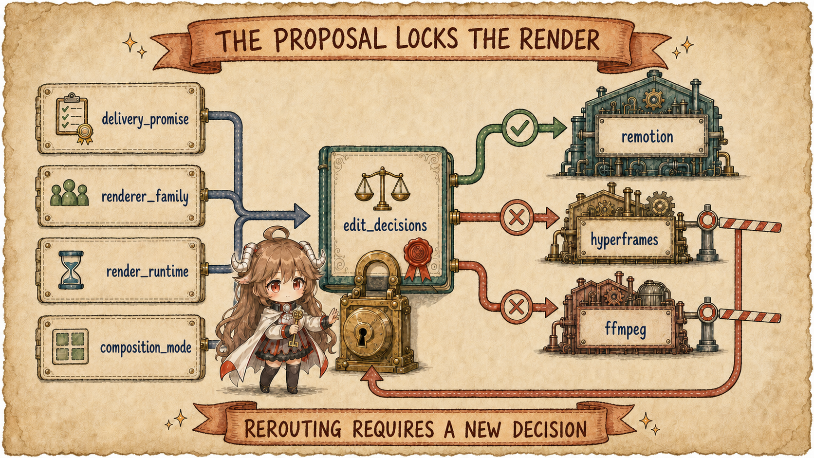 OpenMontage render lock where delivery promise, renderer family, render runtime, and composition mode pass from proposal_packet into edit_decisions before strict routing to remotion, hyperframes, or ffmpeg, with failures requiring an explicit decision