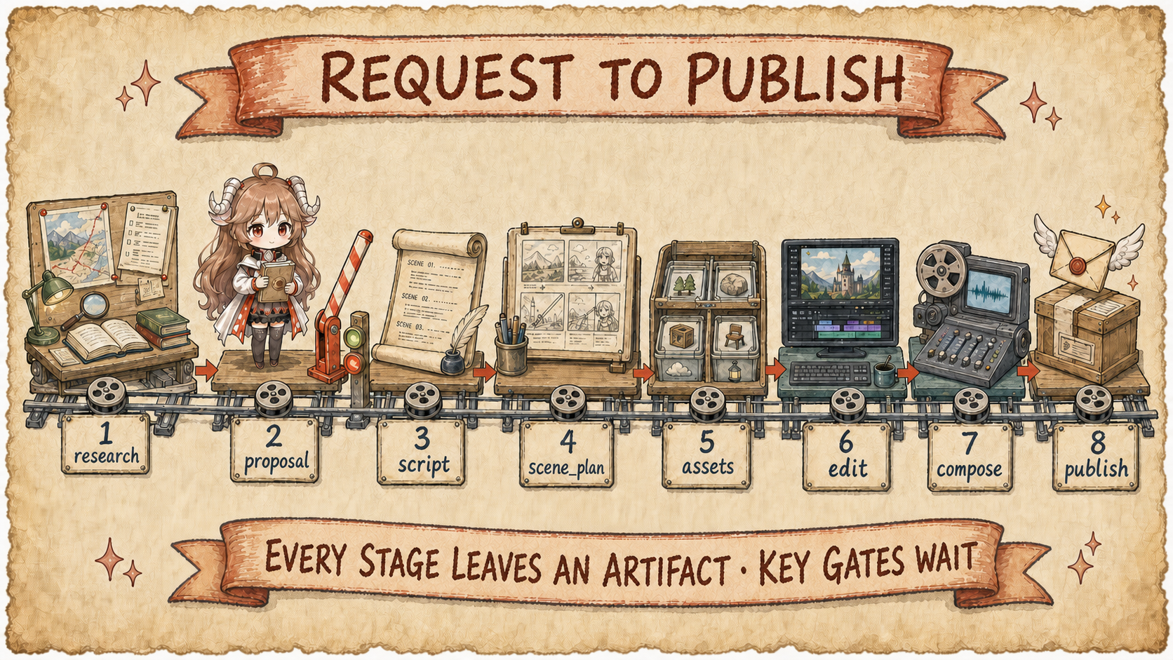 OpenMontage animated-explainer route from research, proposal, script, scene_plan, assets, edit, and compose to publish, with artifacts and human gates