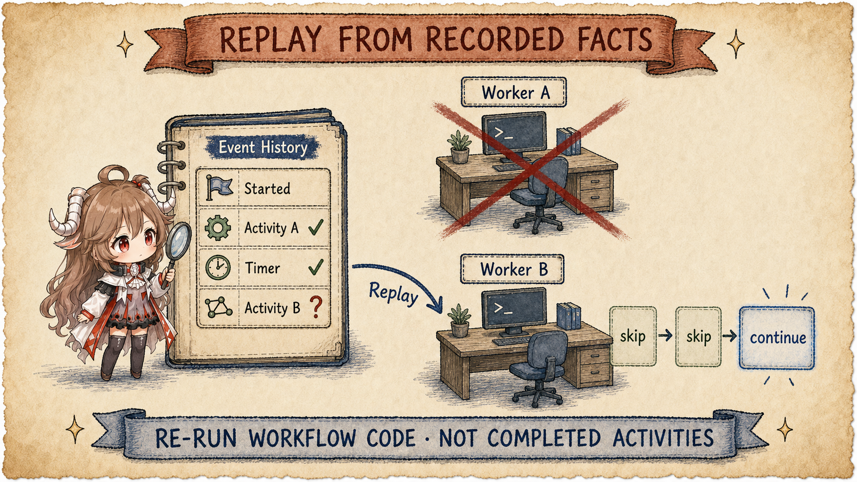 Worker A crashes, Worker B replays Event History, skips completed work, and resumes at the first unrecorded action