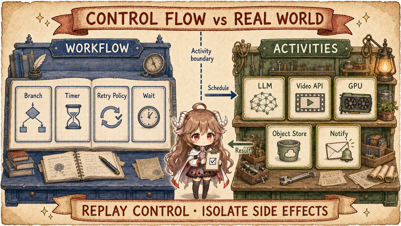 Deterministic Workflow control on one side and side-effecting Activities for LLM, video provider, GPU, object storage, and notifications on the other