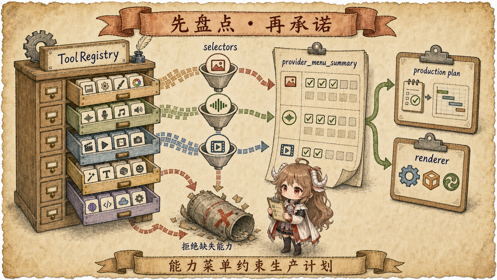 OpenMontage capability preflight 图，ToolRegistry 自动发现 provider 工具，经 selector 和 provider_menu_summary 形成能力菜单，再约束 production plan 与 renderer 选择