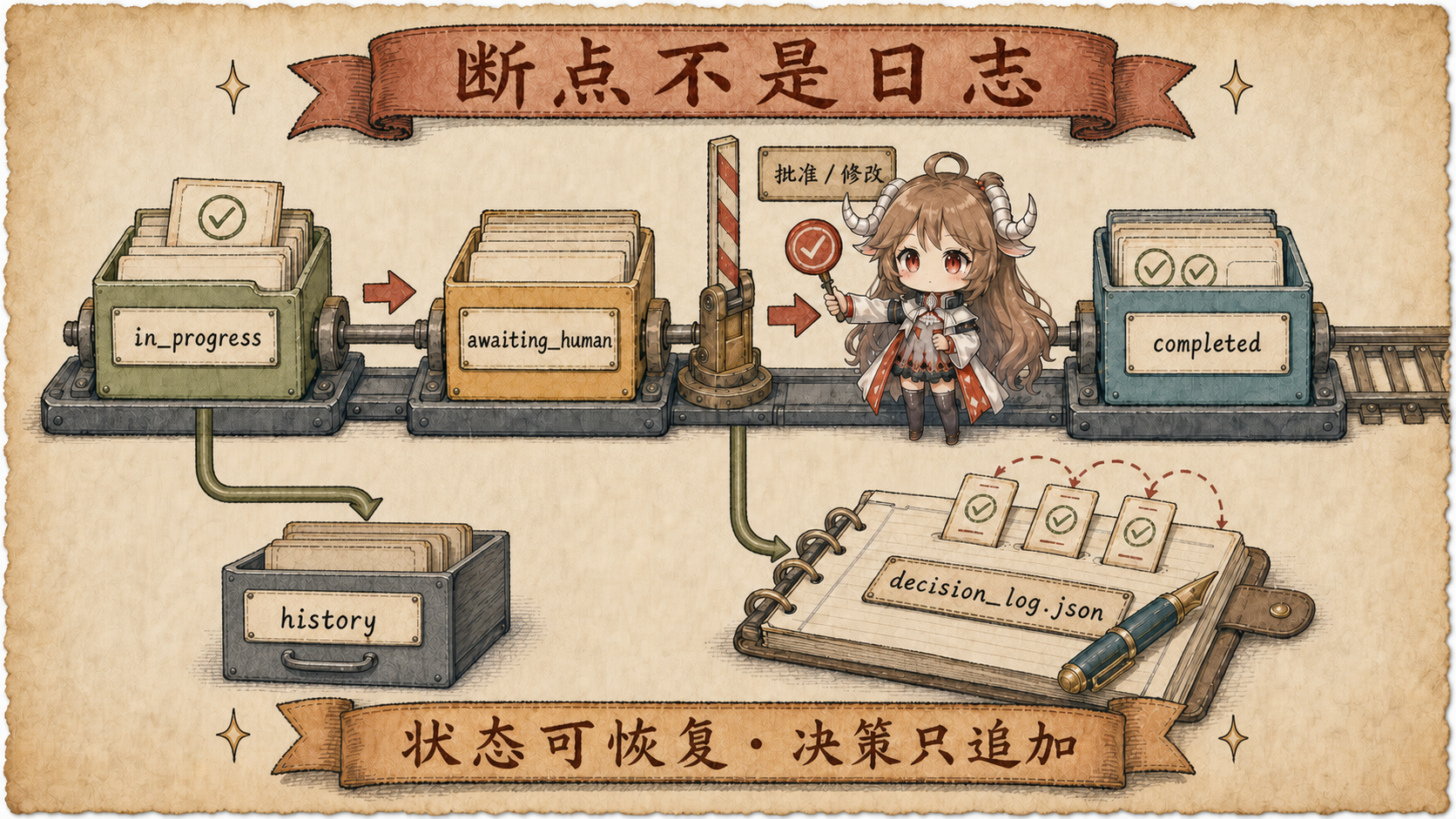 OpenMontage checkpoint 与人工关口图，in_progress 保存局部进度，awaiting_human 停在批准前，completed 进入下一阶段，旧版本进入 history，决定累积到 decision_log.json