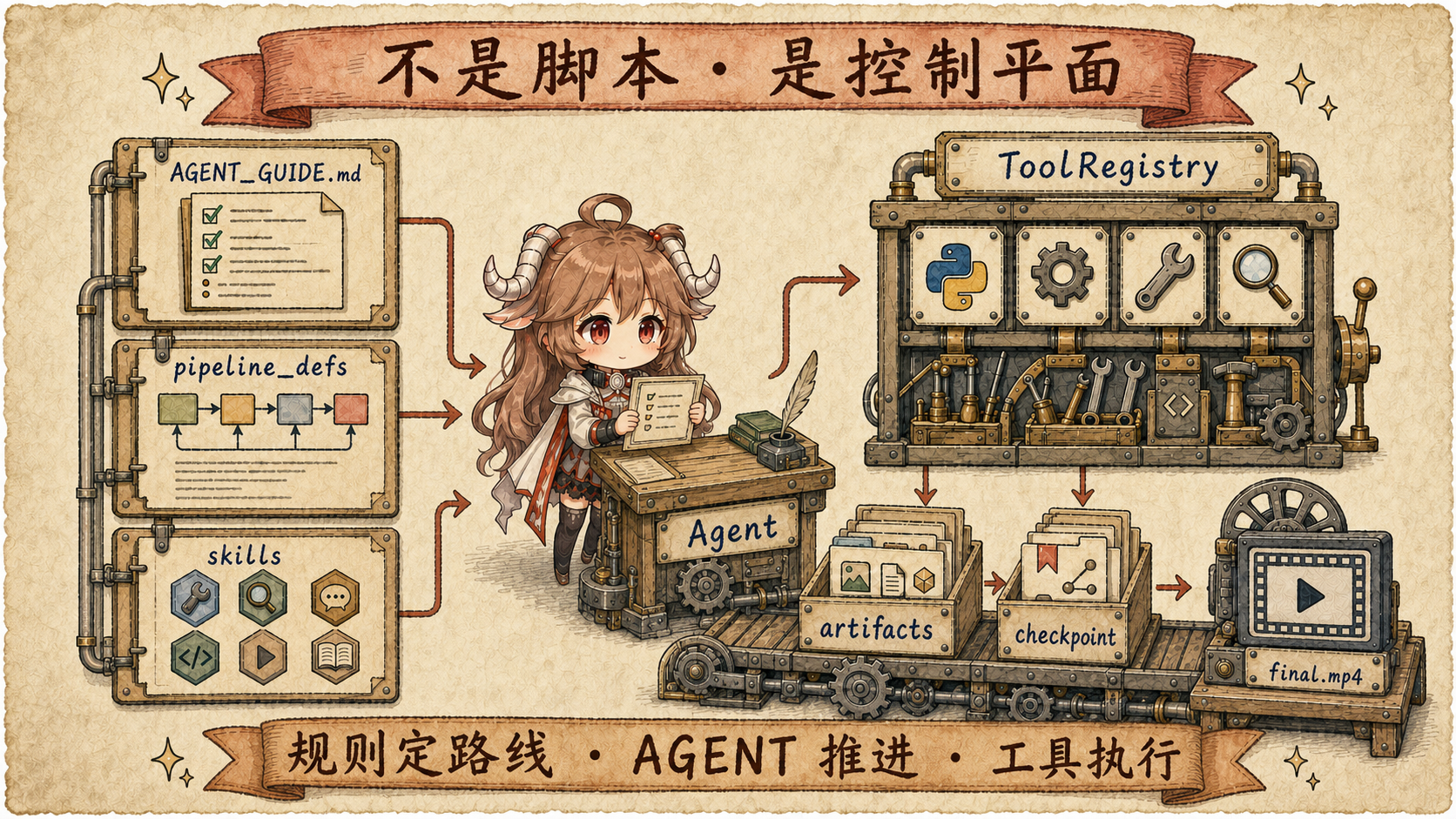 OpenMontage 控制平面图，coding agent 读取 AGENT_GUIDE、pipeline_defs 和 skills，调用 ToolRegistry 中的工具，并把 artifacts、checkpoint 与 final.mp4 写回项目目录
