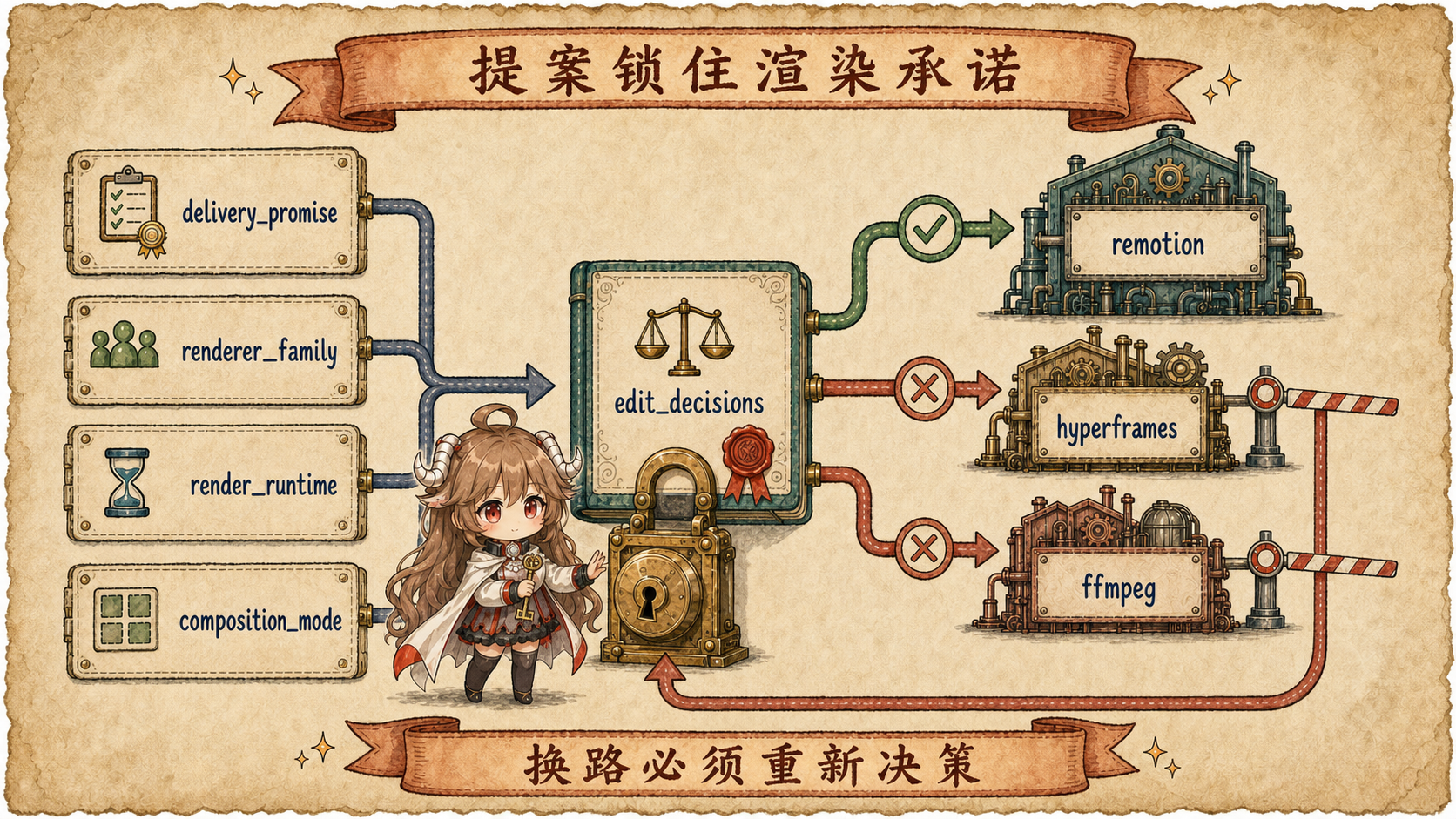 OpenMontage 渲染锁图，proposal_packet 中的 delivery promise、renderer family、render runtime 和 composition mode 传到 edit_decisions，再严格路由 remotion、hyperframes 或 ffmpeg，失败分支要求显式决策