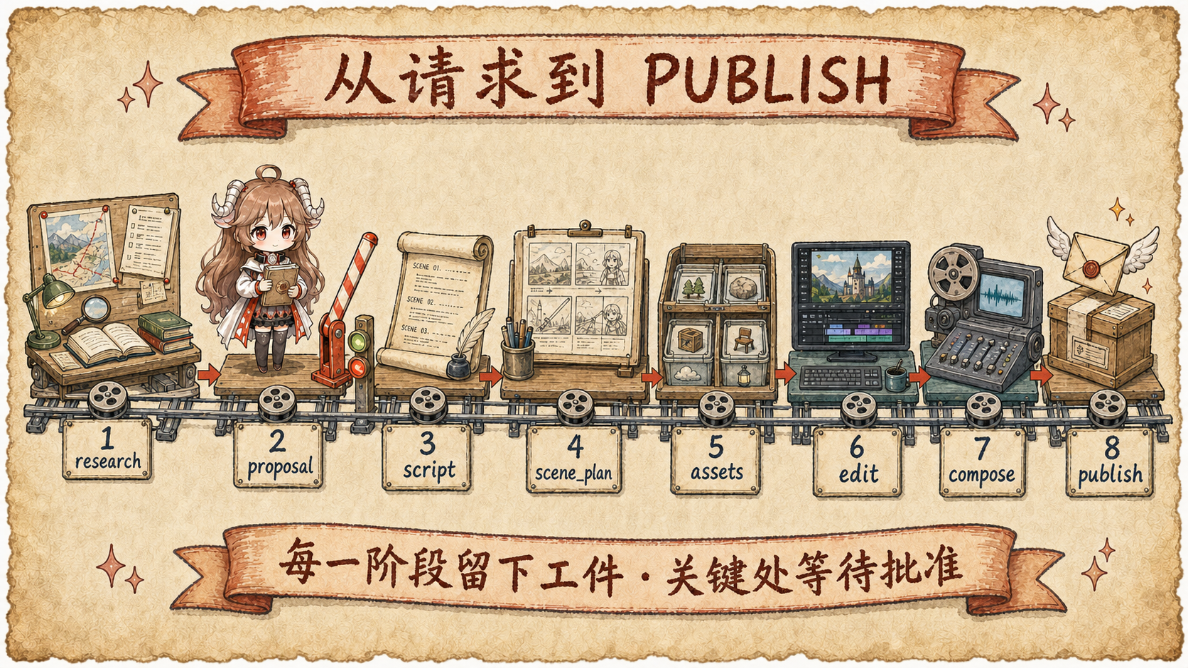 OpenMontage animated-explainer 阶段路线，从 research、proposal、script、scene_plan、assets、edit、compose 到 publish，并标出工件和人工关口