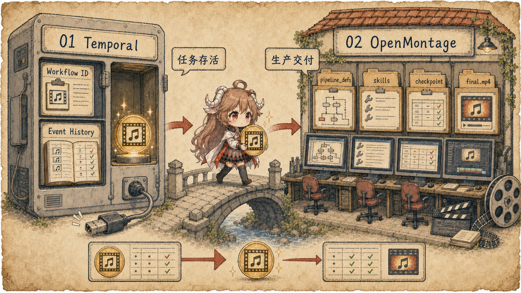 AI 视频生产系统系列路线图，从 Temporal 的 Workflow ID 与 Event History 走到 OpenMontage 的 pipeline_defs、skills、checkpoint 和 final.mp4