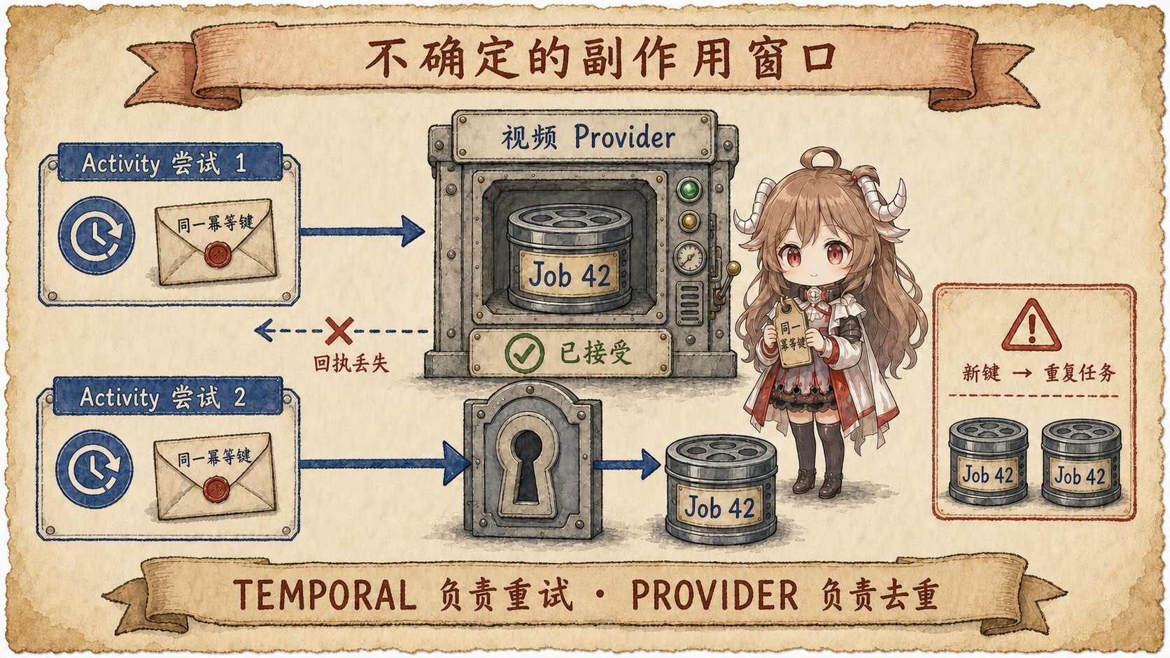 Activity 幂等窗口图，外部 Provider 已接受任务但响应丢失，Temporal 重试时通过稳定 idempotency key 找回同一个 provider job