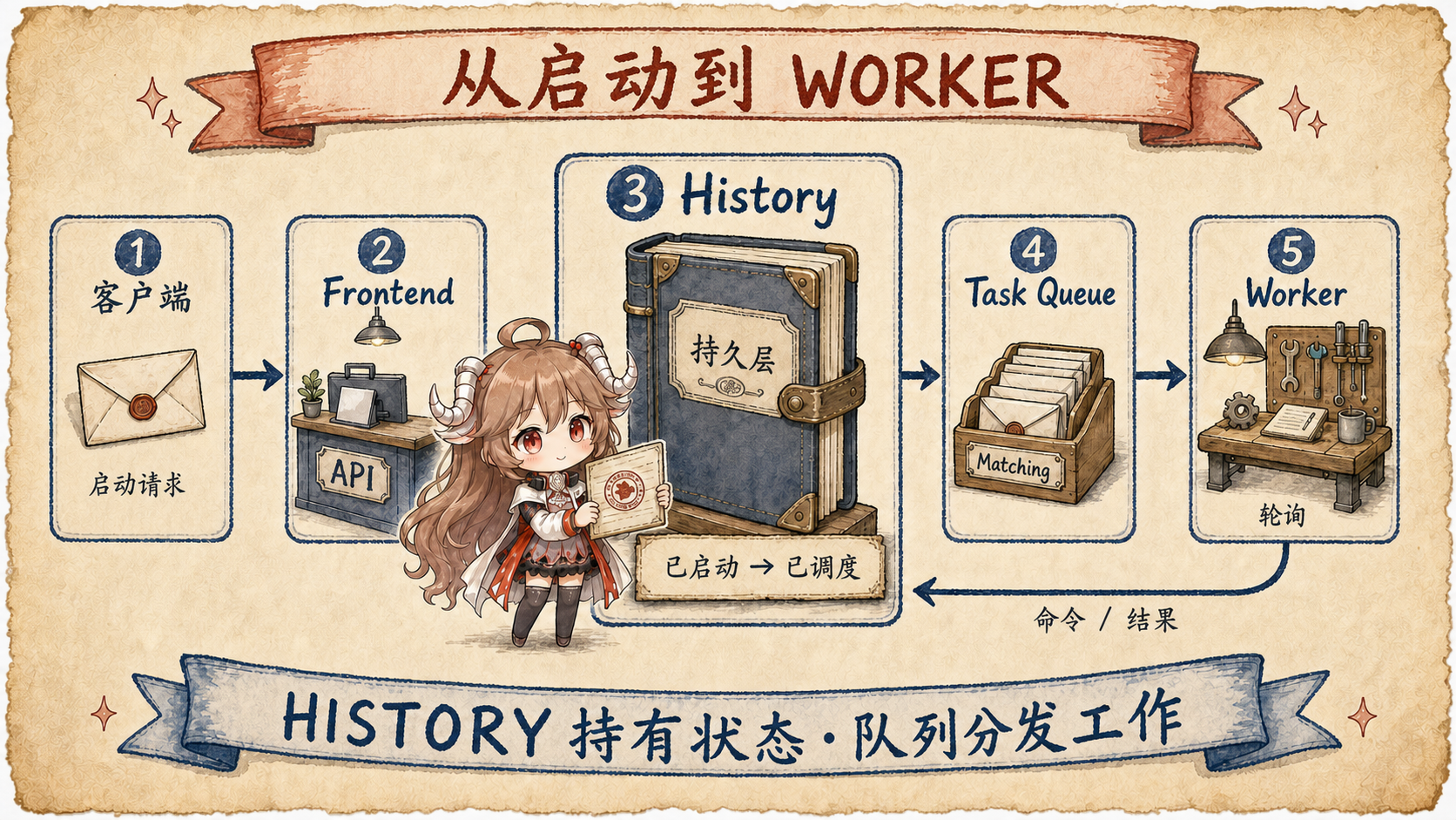 Temporal 创建与执行路线图，Client 经过 Frontend、History 和 Persistence 创建事件历史，再由 Matching Task Queue 分发给 Worker
