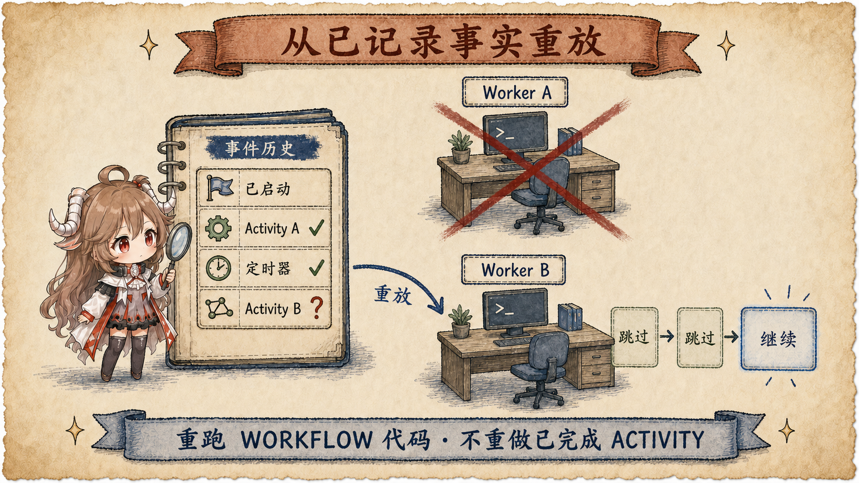 Temporal replay 恢复图，Worker A 崩溃后 Worker B 读取 Event History，跳过已完成步骤并从第一个未记录动作继续