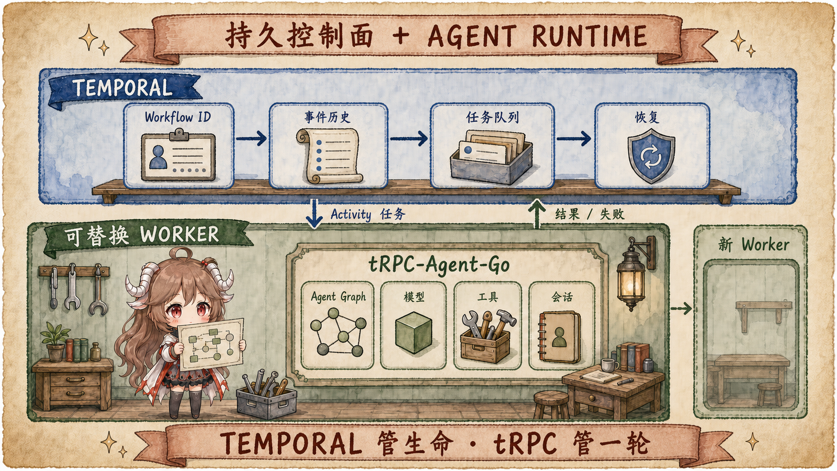 tRPC-Agent-Go 与 Temporal 分层图，Temporal 保存 durable workflow、queue 和 recovery，tRPC-Agent-Go 在可替换 worker 内执行 Agent graph、model 和 tools