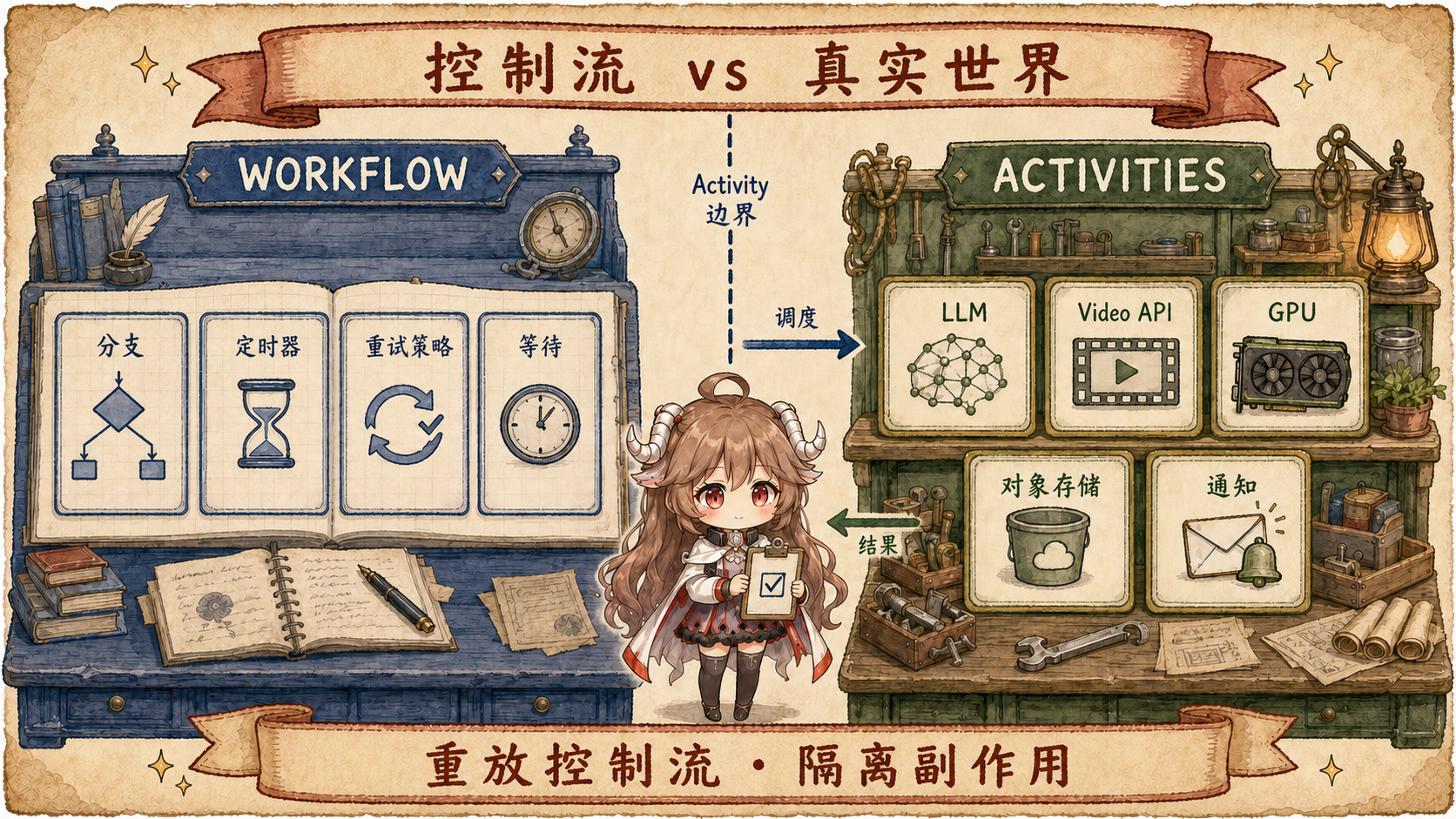 Workflow 与 Activity 边界图，Workflow 只保存确定性控制流，Activity 执行 LLM、视频 Provider、GPU、对象存储和通知等副作用