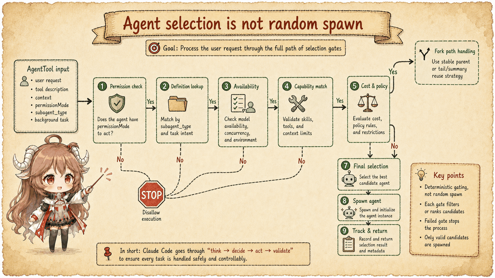 Agent selection gates for name, definition, permission, and tool scope