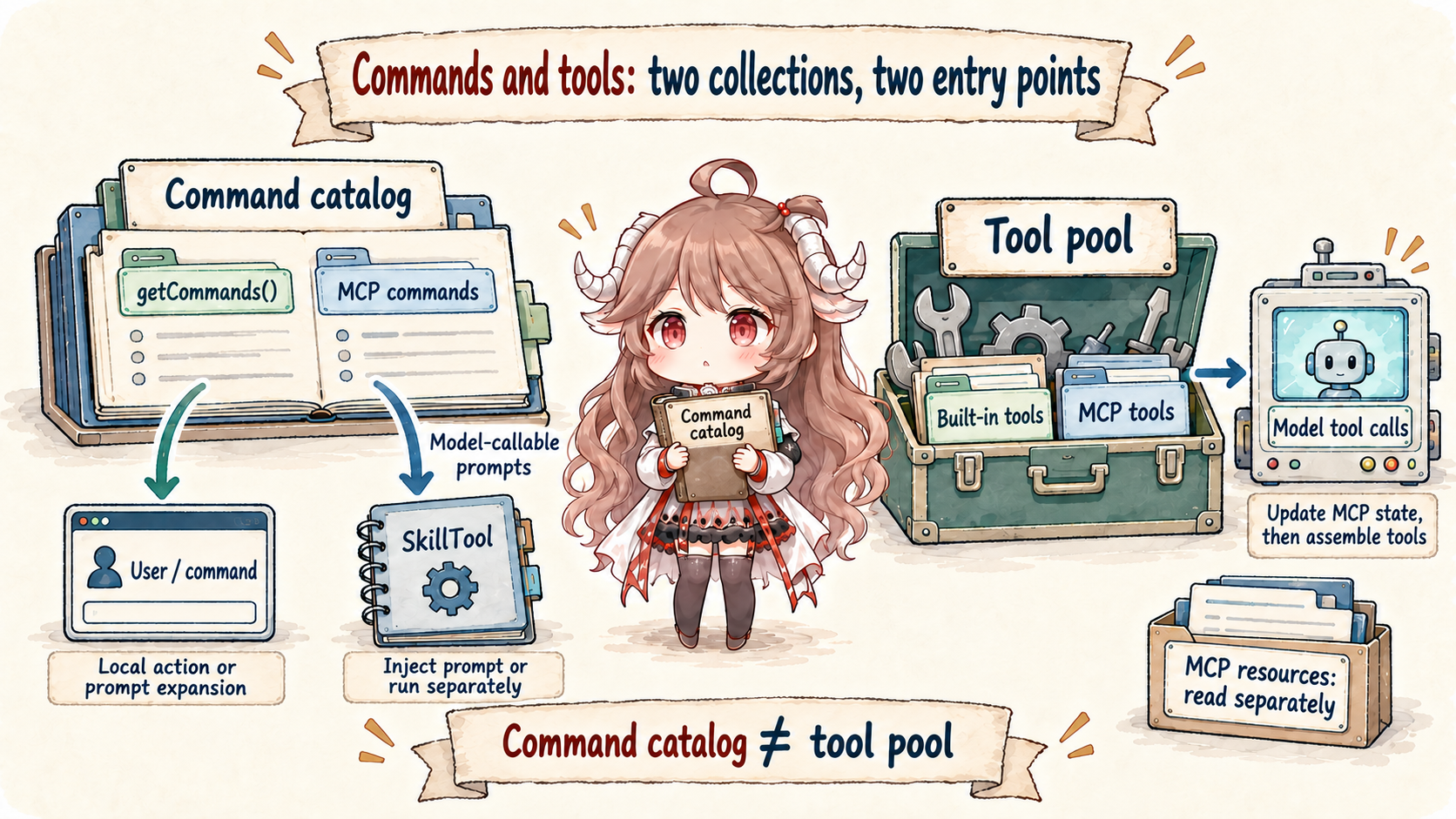 Command catalog for user commands and eligible SkillTool calls, separate tool pool for built-in and MCP tools, and separately read MCP resources