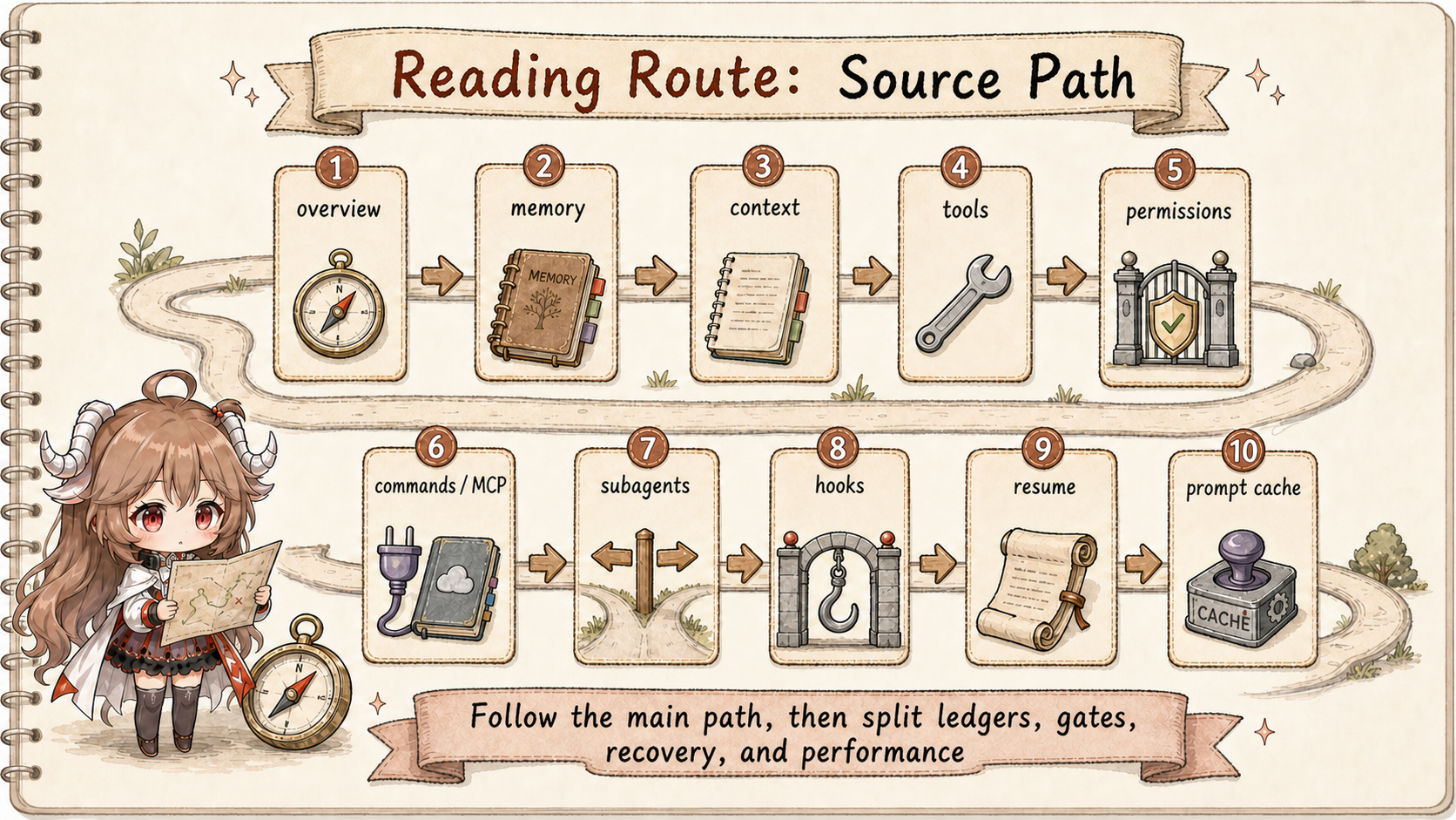 Reading route for the Claude Code source series with overview, memory, context, tools, permissions, capabilities, subagents, hooks, resume, and prompt cache