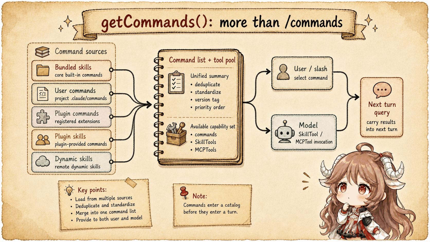 Command loading sources: built-in commands, project skills, packaged skills, plugin commands, and MCP prompts