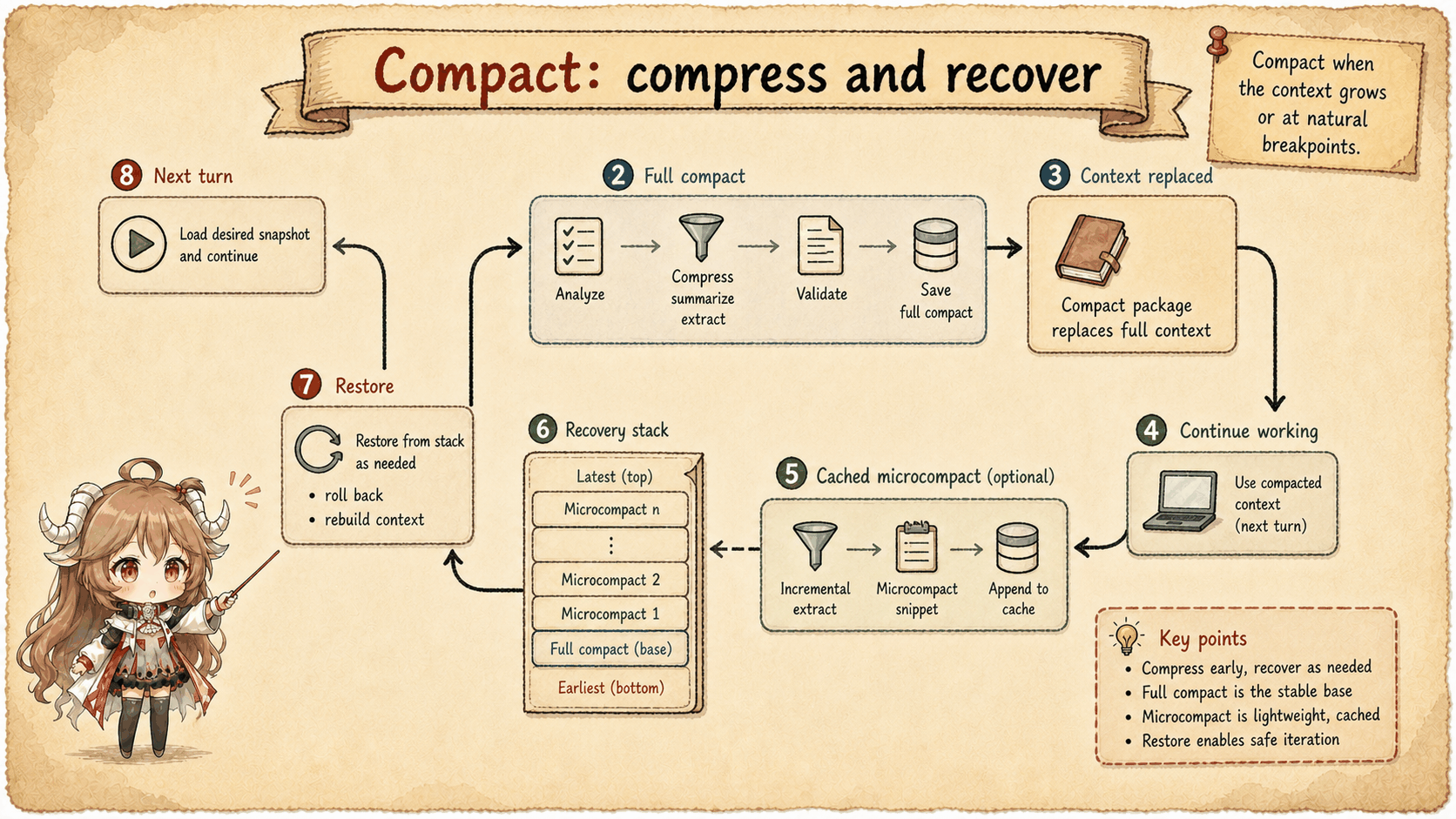 Compact and recovery loop from long transcript to compact boundary and resumed state