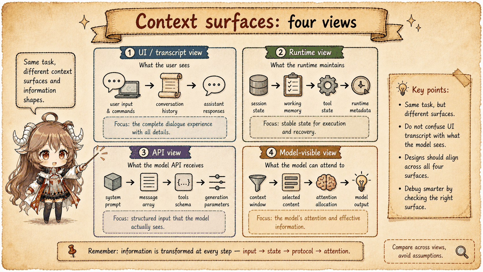 Different Claude Code context surfaces, including memory, system context, transcript, model view, and API request