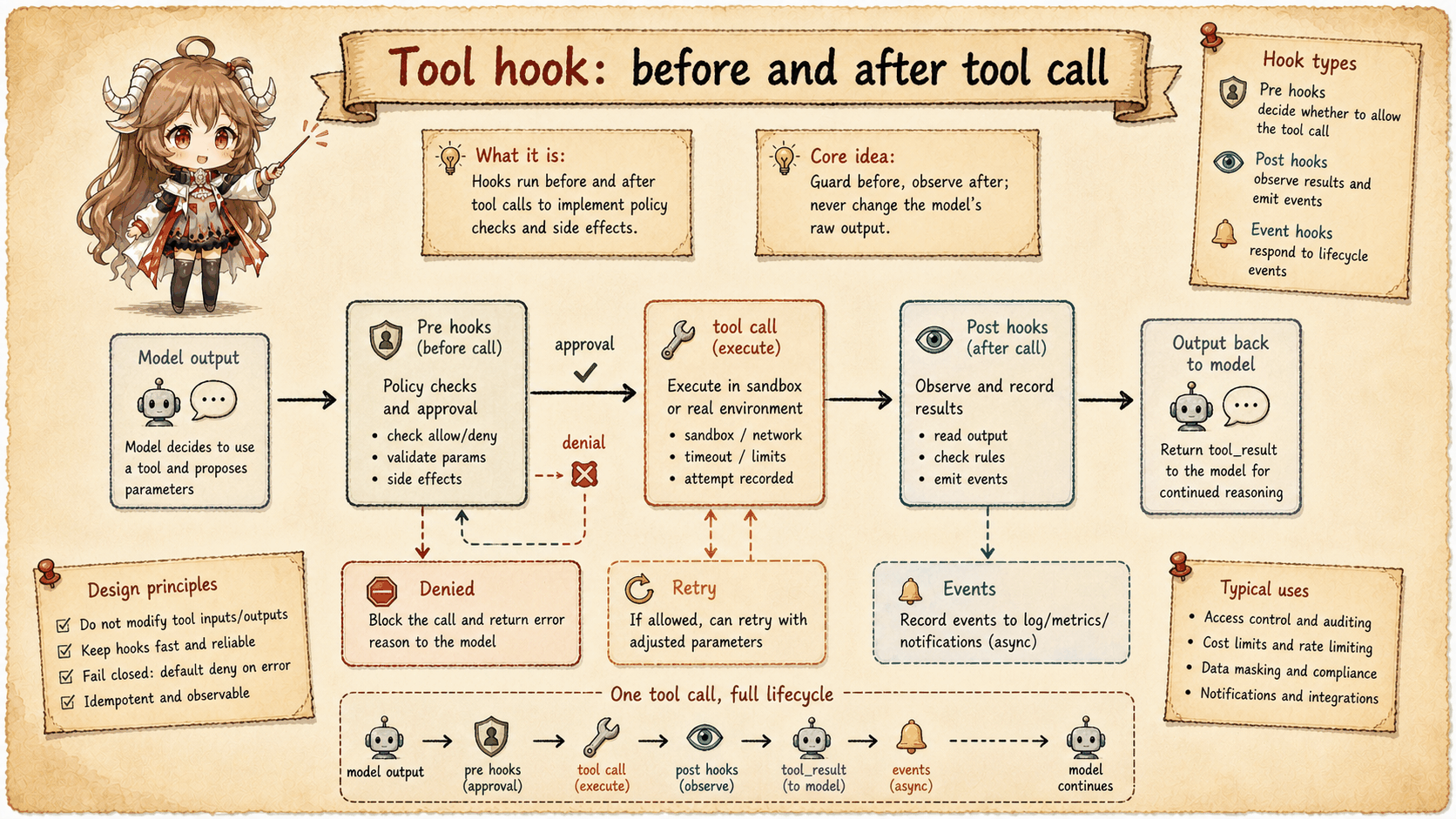 PreToolUse and PostToolUse hooks around tool permission and execution