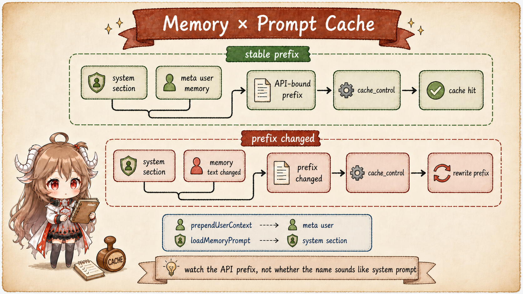 Claude Code memory and prompt cache boundary showing memory unchanged with stable prefix and memory changed with prefix break
