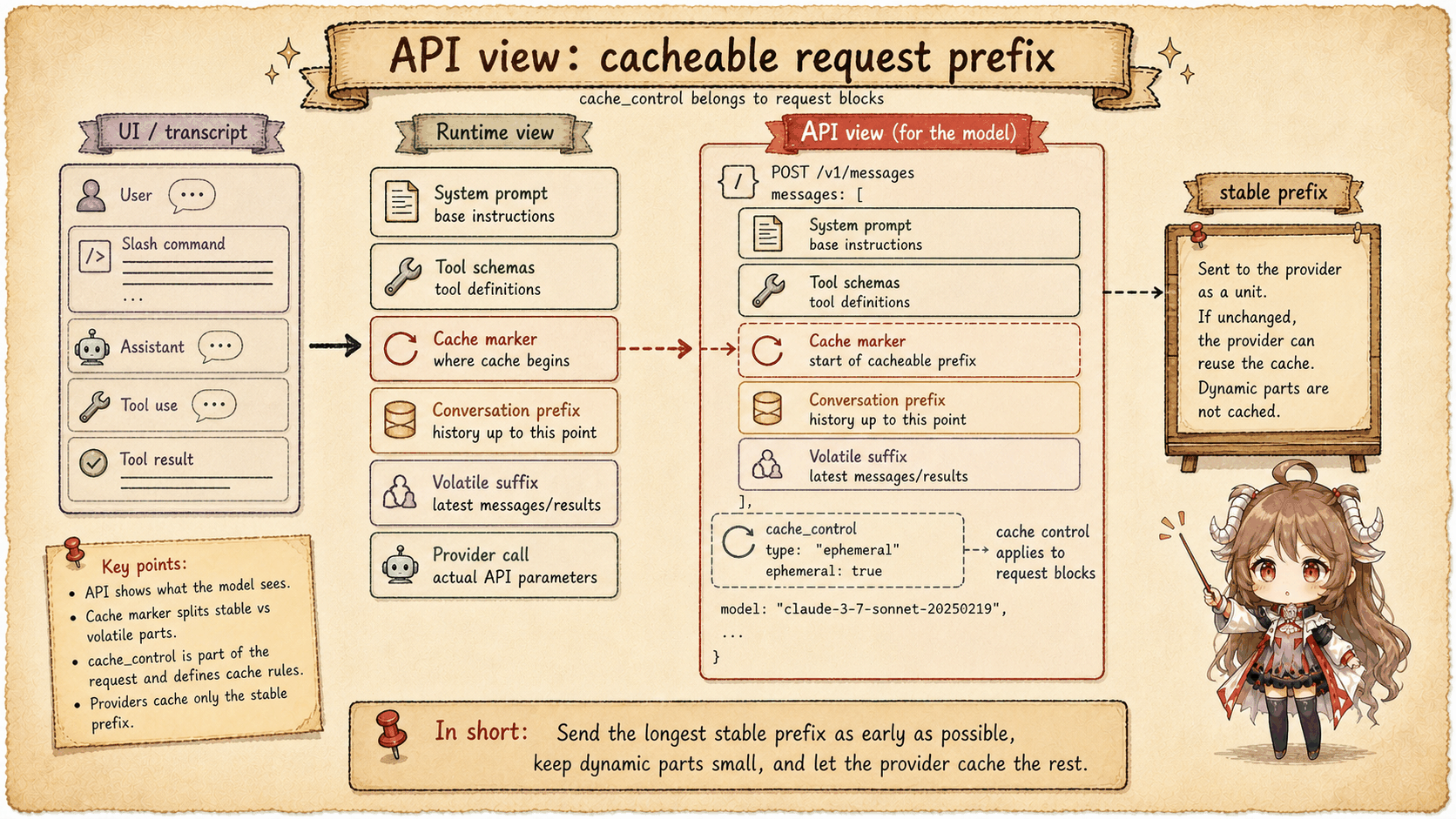 API request view with system prompt, tools, messages, cache_control markers, and volatile suffix