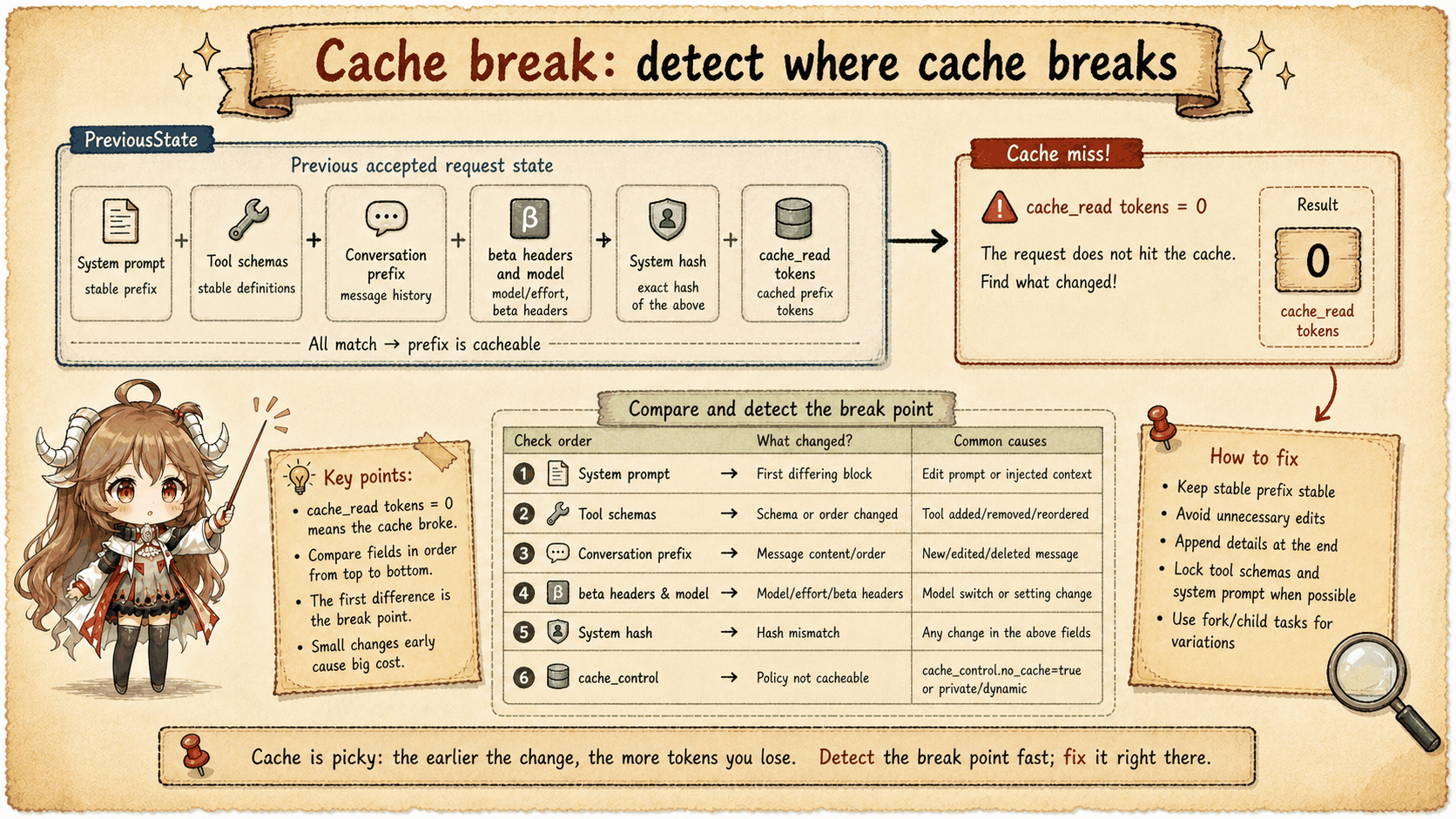 Cache break detection comparing stable prefix with changed request blocks