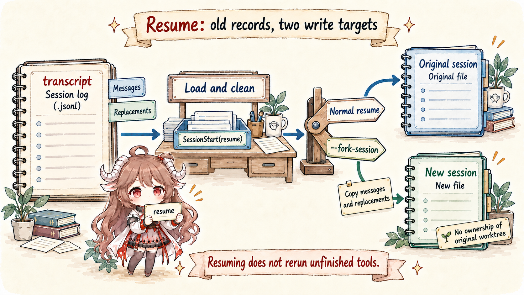 Normal resume adopts the original transcript; fork resume copies messages and replacements into a new file without owning the original worktree