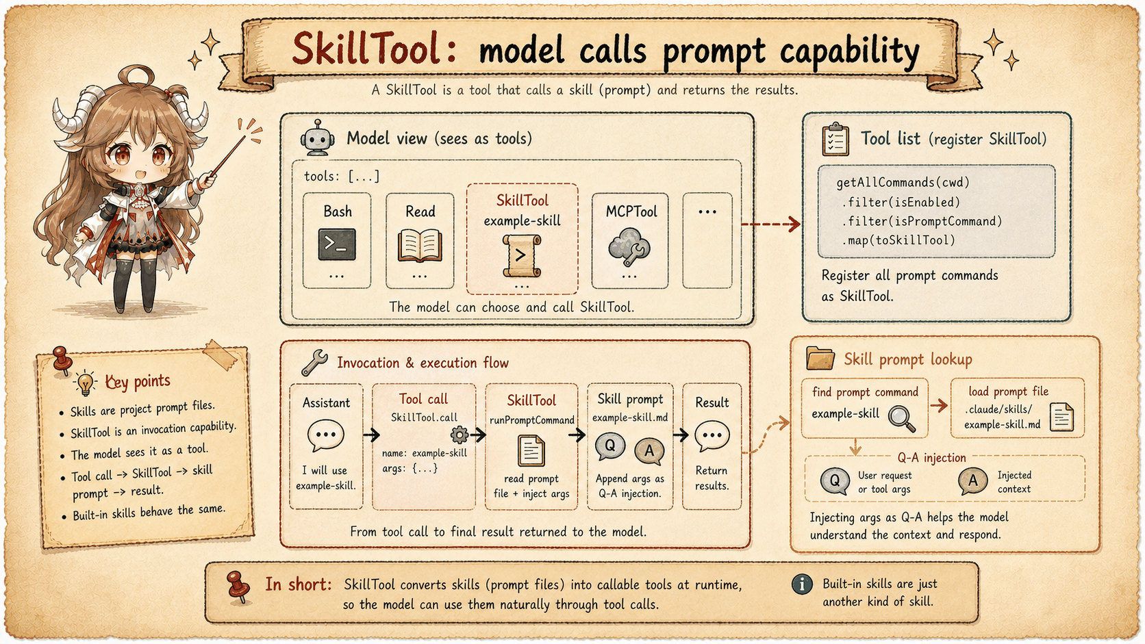 Skill index connecting skill metadata, instructions, assets, and tool exposure