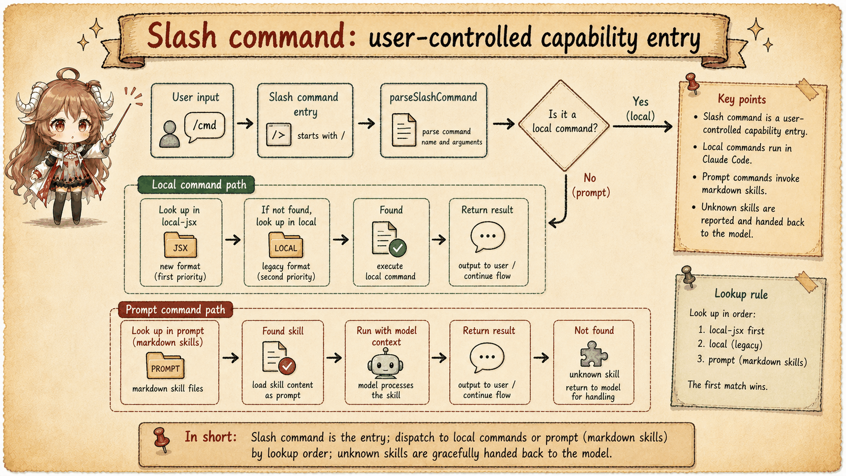 Slash command path from user selection to command handler and next query