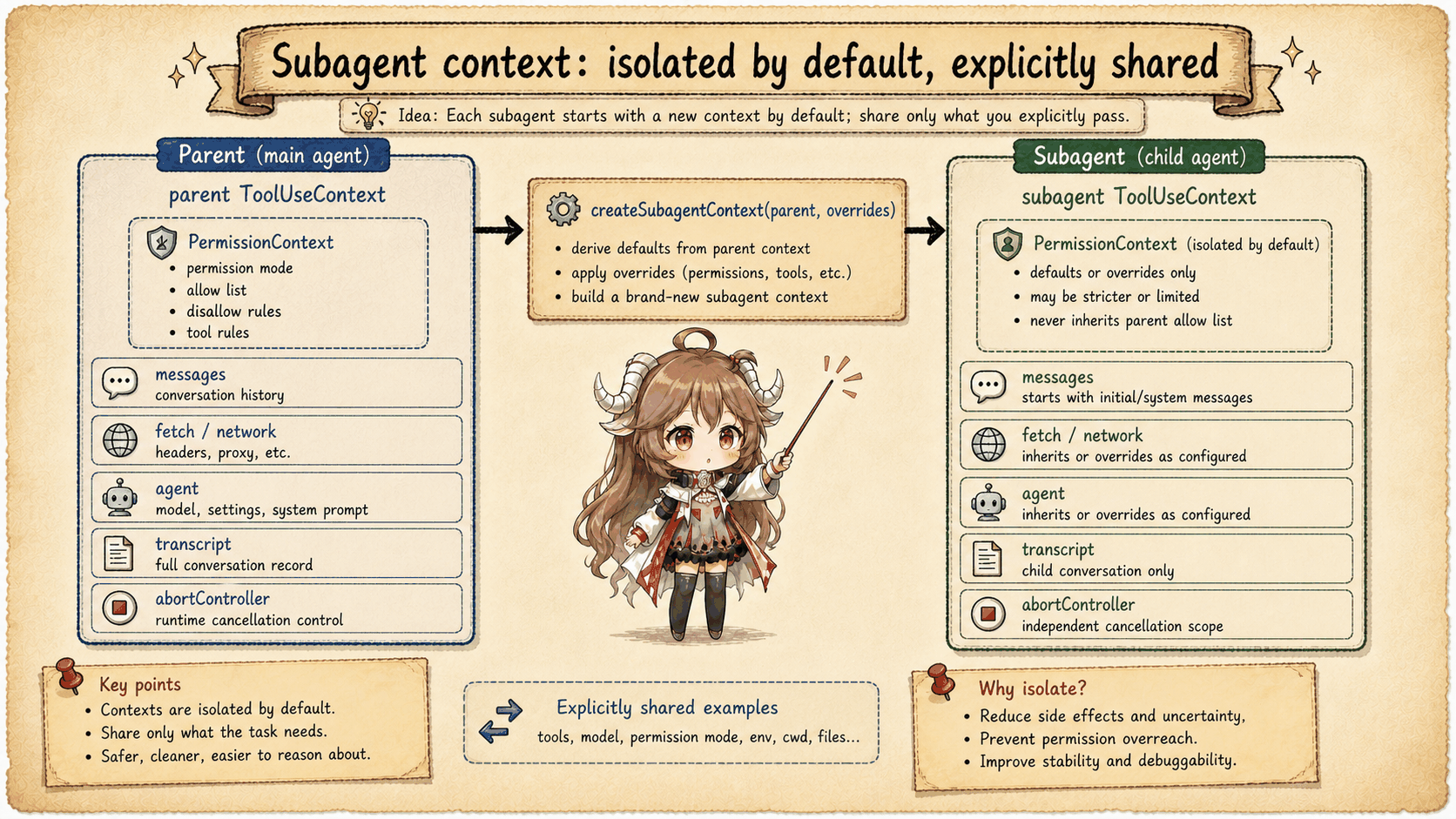 Parent context projecting selected facts into isolated subagent context and returning a result