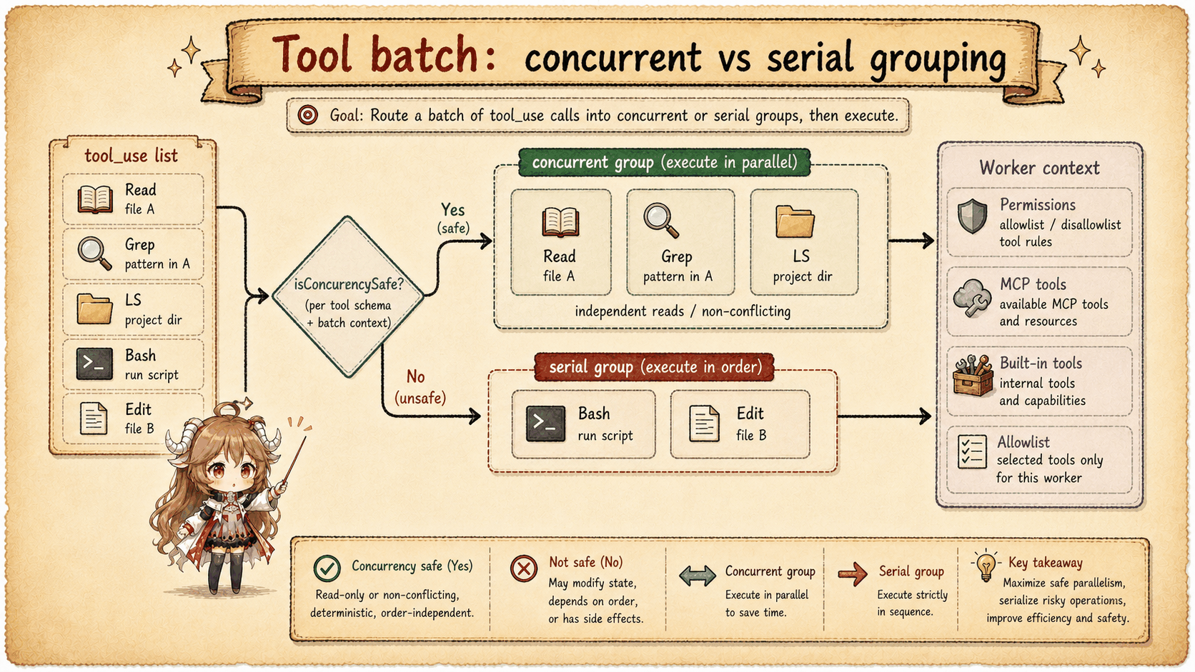 Tool batch routing into concurrent and serial execution lanes