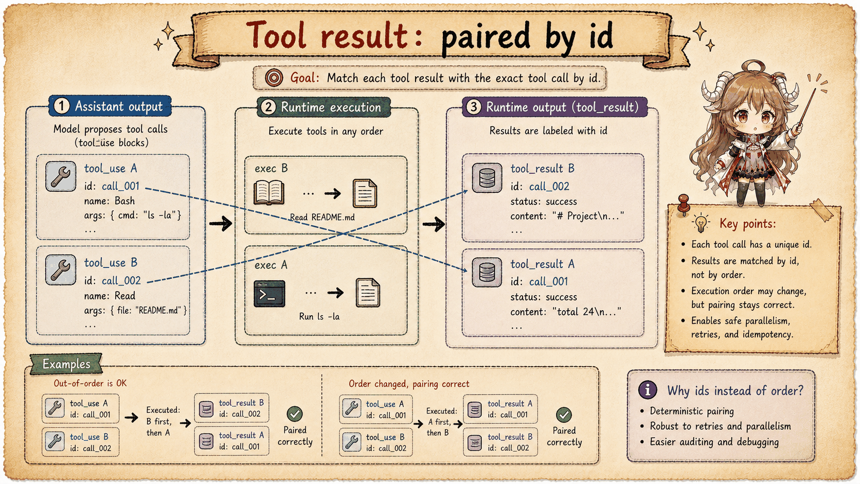 Tool result pairing back to the original tool_use id