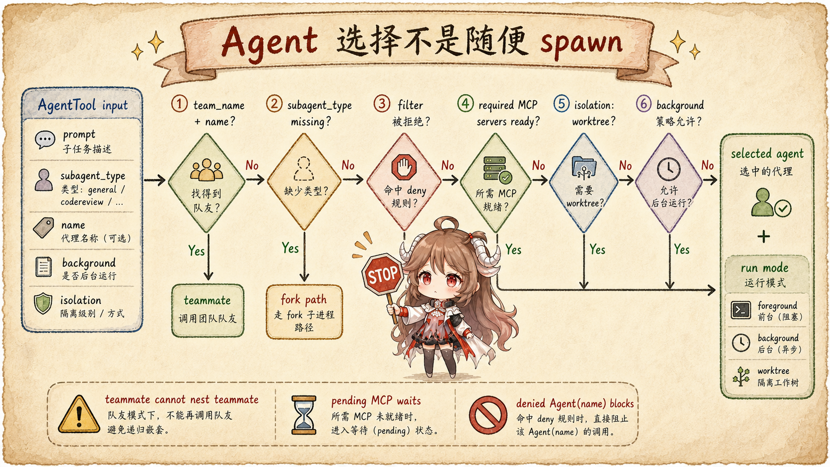 Claude Code AgentTool 选择闸门图，展示 AgentTool input 经过 teammate、fork path、deny filter、required MCP、worktree isolation 和 background policy 后选中 agent 与运行模式